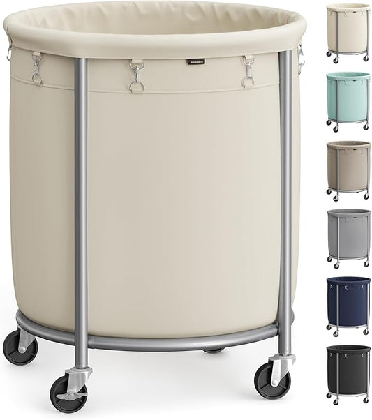 SONGMICS 50.2-Gallon (190 L) Laundry Basket with Wheels, Rolling Round Heavy-Duty Laundry Hamper Cart with Steel Frame and Removable Bag, 2 Locking Wheels, Cream White and Metallic Silver URLS01MZ