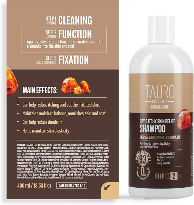 Tauro Pro Line Dog Shampoo Itchy Skin Relief - Soothes Dry, Sensitive Skin & Hot Spots, Natural Itch Relief Dog Wash, Gentle Pet Shampoo for Smelly Dogs, Cat & Puppy (Derma Care 13.5 Fl Oz)