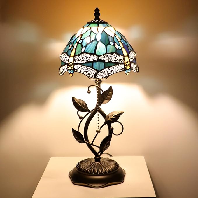 Small Tiffany Lamp Yellow Dragonfly Style Stained Glass Table Lamps Desk Bedside Reading Light 8X8X18 Inches with Bronze Metal Leaf Resin Base