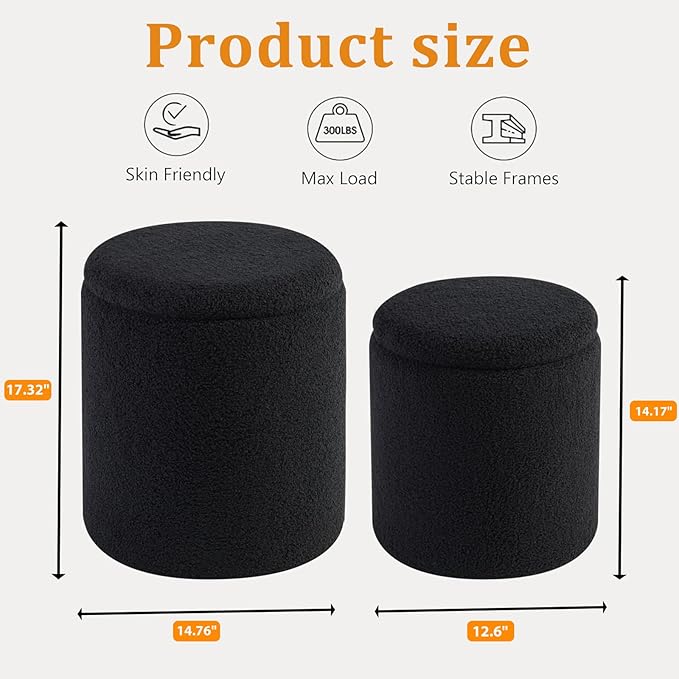 Round Ottoman with Storage Set of 2-Upholstered Sherpa Vanity Stool for MakeupMultifunctional Ottomans Coffee Table Padded Seat Foot Rest for LivingRoom&Bedroom(Sherpa, Black)