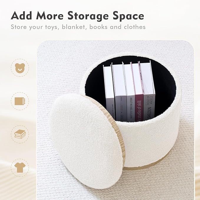 PINPLUS Round Ottoman with Storage Set of 2, Vanity Stool with Tray Storage for Bedroom, Small Teddy Velvet Foot Rest Stool Ottoman for Living Room, Dorm (White)