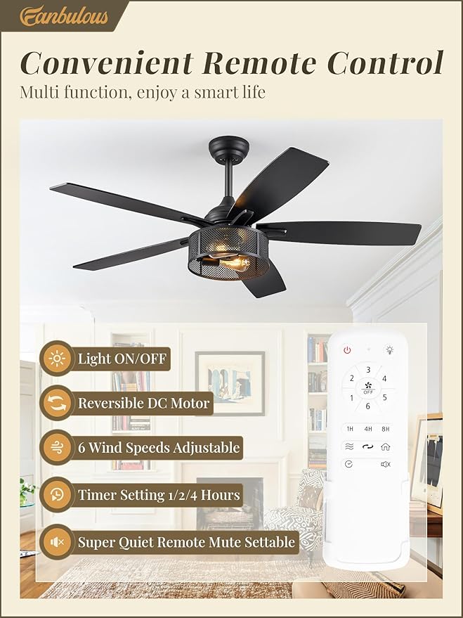 Fanbulous Farmhouse Ceiling Fans with Lights and Remote, 52 Inch Industrial Black Caged Ceiling Fans for Living Room Bedroom Kitchen, 6 Speed Reversible Quiet DC Motor, Dual Finish 5 Blades