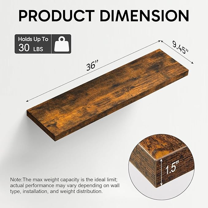 BAYKA Floating Shelves for Wall, 36 inches Wall Mounted Wood Shelves for Bathroom, Bedroom, Living Room, for Storage/Decor with 30lbs Capacity - Rustic Brown,Set of 3