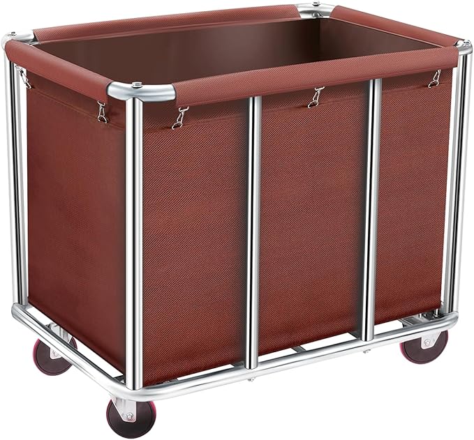 Commercial Laundry Cart with Wheels, 11.35 Bushel Large Laundry Tumbler with Removable Waterproof Canvas Lined Basket, Heavy Duty Stainless Steel Laundry Basket for Hotels and Hospitals