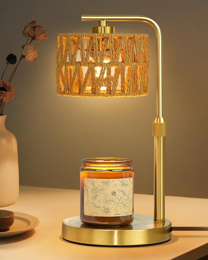 Candle Warmer Lamp with Timer, Dimmable Candle Warmer for Jar Candles, Height Adjustable Candle Lamp Warmer, Boho Rattan Lampshade and 2 Bulbs, Gift for Home Room Decor, Gifts for Women Mom (Gold)