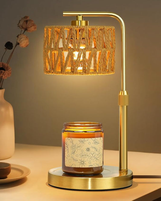 Candle Warmer Lamp with Timer, Dimmable Candle Warmer for Jar Candles, Height Adjustable Candle Lamp Warmer, Boho Rattan Lampshade and 2 Bulbs, Gift for Home Room Decor, Gifts for Women Mom (Gold)