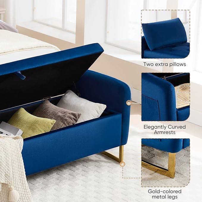 65" Storage Ottoman Bench, End of Bed Storage Bench King Size with Tufted Button Upholstered and Gold Legs, Bedroom Benches with Armrests for Living Room Window and Entryway, Navy Blue