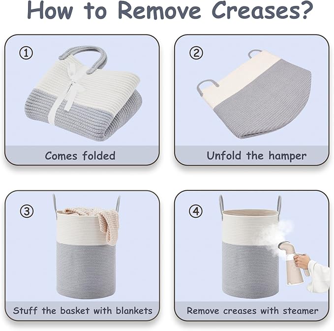 VIPOSCO Large Laundry Hamper, Tall Woven Rope Storage Basket for Blanket, Toys, Dirty Clothes in Living Room, Bathroom, Bedroom - 53L Grey & White