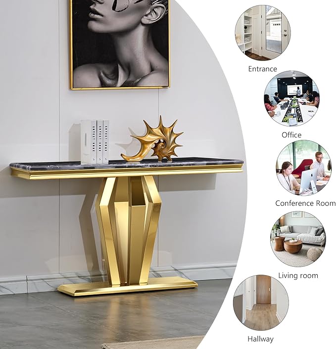 Gold Console Table, Black and Gold Sofa Table, 50 inch Entrance Table with Polished Geometric Base for for Entryway, Living Room, Hallway