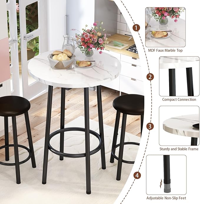 DKLGG Dining Table Set for 2 - 24" Round Kitchen Table With MDF Tabletop & 2 PU Leather Chairs, Bar Pub Set for Small Space Kitchen Living Room Apartment, White