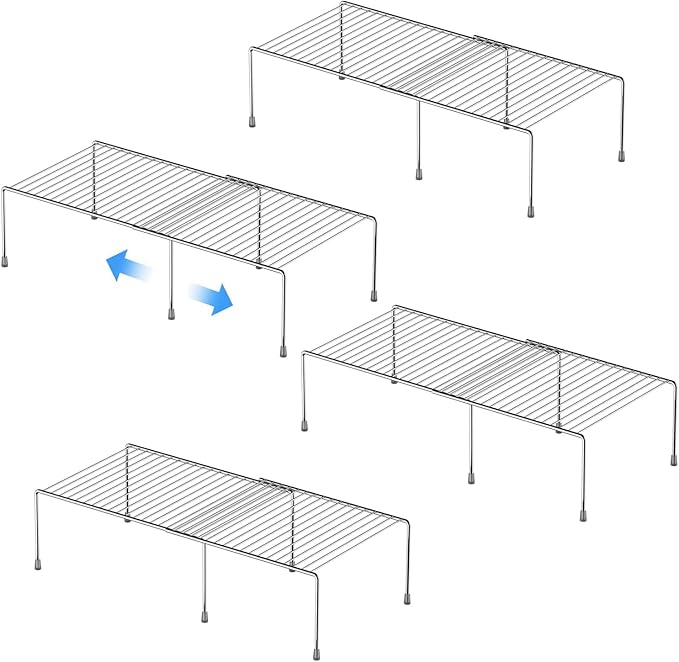 Kitchen Cabinet Expandable Shelf Organizers Set of 4, Adjustable Metal Wire Pantry Storage Shelves, Plate Dish Organizer Rack for Cabinets, Cupboard, Counter, Freezer, Countertop, Chrome