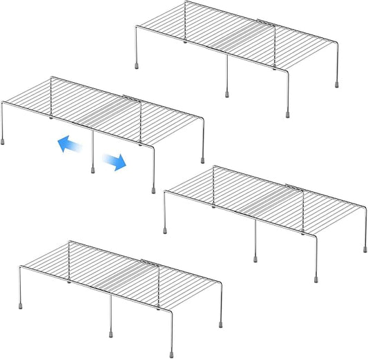 Kitchen Cabinet Expandable Shelf Organizers Set of 4, Adjustable Metal Wire Pantry Storage Shelves, Plate Dish Organizer Rack for Cabinets, Cupboard, Counter, Freezer, Countertop, Chrome