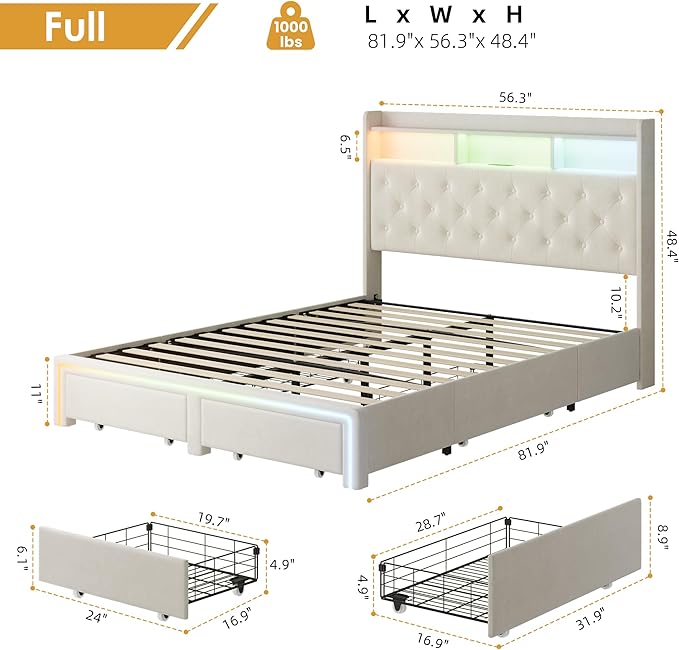 Full LED Bed Frame with Storage Headboard & Charging Station, Velvet Fabric Platform Bed Frames with 4 Drawers, Button Tufted Upholstered, No Box Spring Needed, Beige
