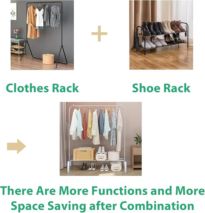 JIUYOTREE Metal Clothing Rack 43.3 Inches Clothes Garment Coat Rack with Bottom Shelf Clothing Rack for Hanging Clothes Coats Skirts Shirts Sweaters Silver Gray