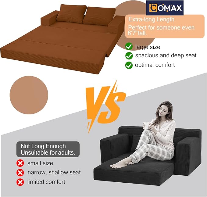 COMAX Convertible Sofa Bed Queen, Corduroy Folding Floor Couch Pull Out Couch Bed Futon Sleeper with Pillows, Fold Out Boneless Sofa Comfy Lounge Mattress Loveseat for Living Room Bedroom, Orange