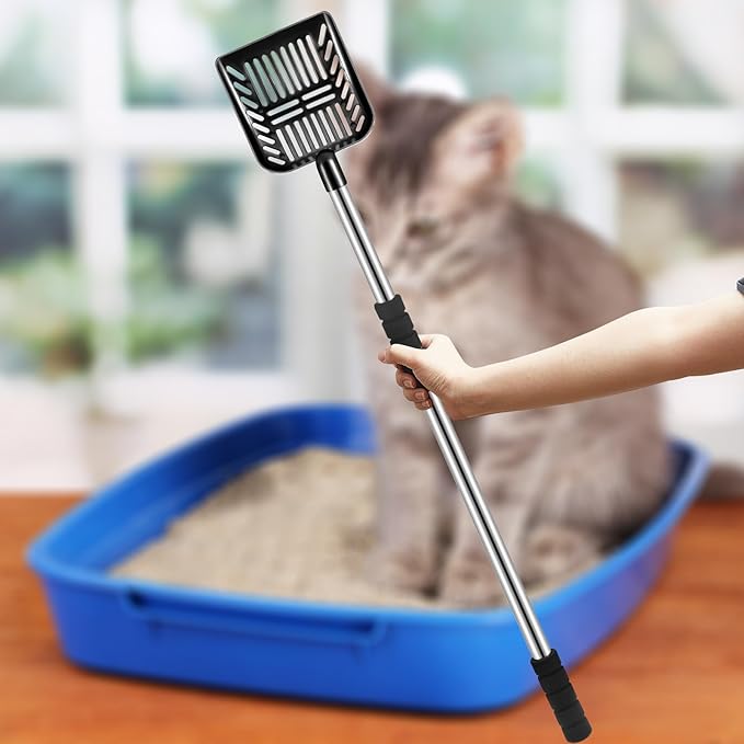 32 Inch Cat Litter Scooper Metal Long Handle with Cat Litter Scoop Holder Deep Kitty Sifter Shovel Detachable Stainless Steel Poop Sifter Scooper Caddy Kitty with Box(Black)