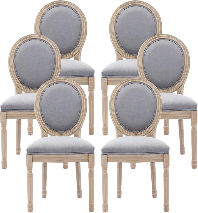 Nrizc French Dining Chairs Set of 6, French Country Dining Chairs, Vintage Farmhouse Dining Chair with Round Back, Solid Wood Beige Fabric Dining Room Chairs, for Kitchen, Bedroom, Dining Room