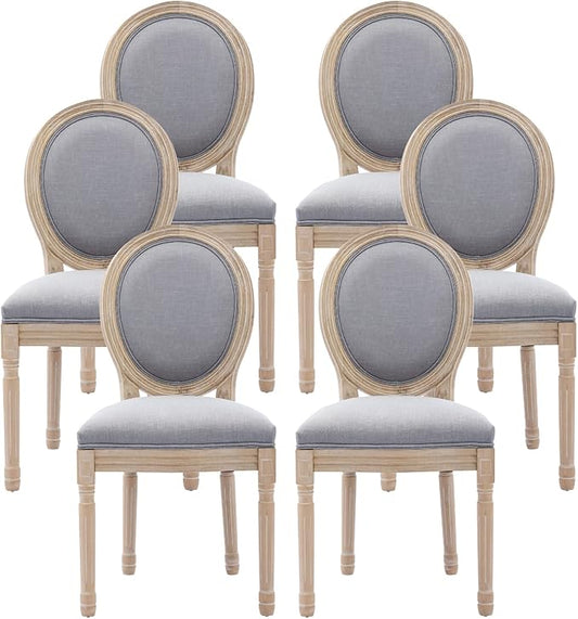 Nrizc French Dining Chairs Set of 6, French Country Dining Chairs, Vintage Farmhouse Dining Chair with Round Back, Solid Wood Beige Fabric Dining Room Chairs, for Kitchen, Bedroom, Dining Room