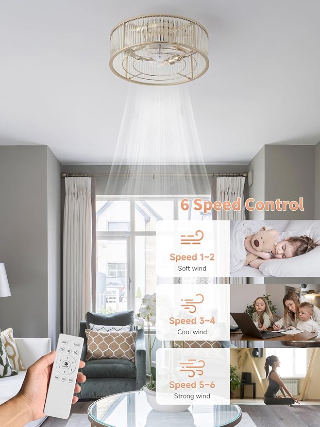 God Crystal Ceiling Fans with Lights, 20" God Mid-Century Ceiling Fan with Light Flush Mount, Modern with 6 Speeds, Remote Control for Bedroom, Nursery, Living Room