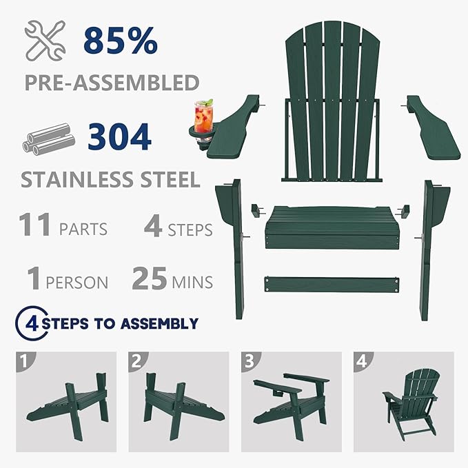 Plawdlik Folding Adirondack Chair, SGS Tested, Wooden Textured with Cup Holder, Heavy All-Weather HDPE Comfortable Set Poolside Backyard Lawn Green Set 4