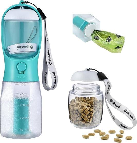 Dog Water Bottle with Food Container & Poop Bag Holder, Travel Water Bowl, Portable Pet Dispenser, Dog Stuff Accessories Items, Puppy Essentials Necessities for Yorkie Chihuahua Walking Hiking