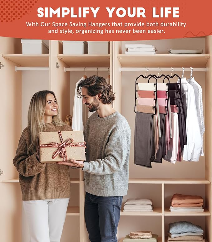 Pants Hangers Space Saving,5 Pack Velvet Short Neck Pants Hangers,5 Tier Space Saving Velvet Hanger,Closet Organizers and Storage Dorm Room Essentials for College Students Girls Guys Holds Pant,Jean