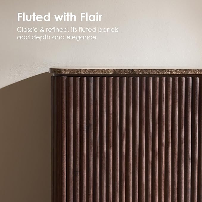 Fluted 2 Doors Sideboard Cabinet with Storage-Wooden Credenza w/Shelves, Faux Marble-Top Coffee Bar Console Table, Modern Buffet Cabinet for Dining, Kitchen, Living Room, Entryway, Dark Oak, 1pcs