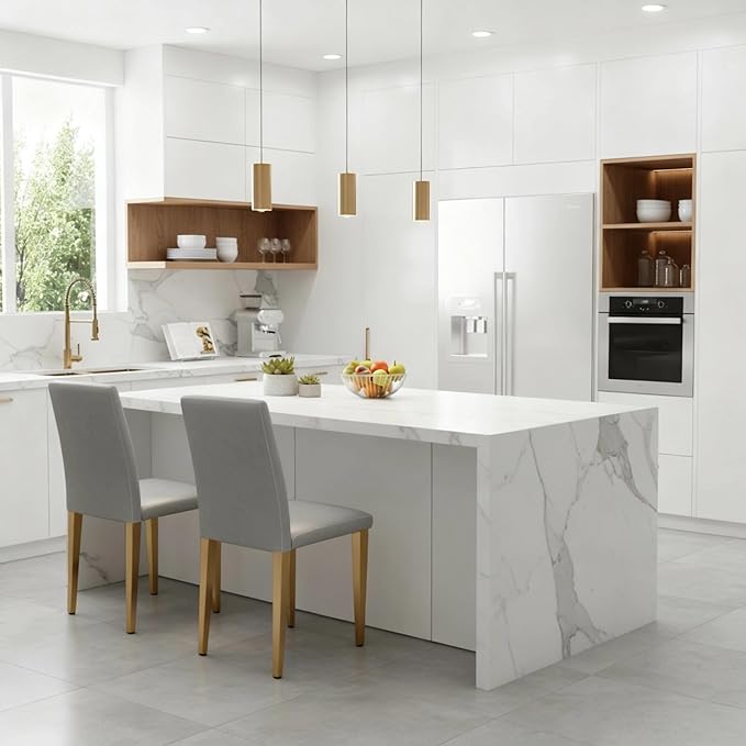 Modern Dining Chairs Set of 2, Light Gray PU Leather with Gold Metal Legs, High Back Kitchen Chairs, 35.4 Inch Height, Contemporary Minimalist Design