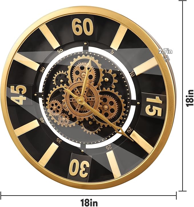 October Elf Large Real Moving Gears Wall Clock 18 Inch Vintage Industrial Steampunk Large Big Metal Wall Clock for Living Room Decor (18 Inch Golden Arabic Numerals)