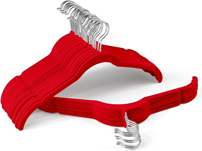 30 Pack Velvet Hangers – Non-Slip Slim Clothes Hangers with 360° Swivel Hook, Heavy Duty Flocked Shirt Hangers for Dresses, Suits, Blouses, Coats(Red)