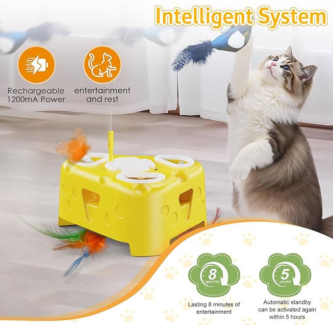 Interactive Cat Toy for Indoor Cats, Enrichment Stimulation Kitten Toys,Flying Bird,6 Holes Mole,Rotating Feather, USB Rechargeable Electronic Interactive Feather Toy for Bored Adult & Kitten Cats
