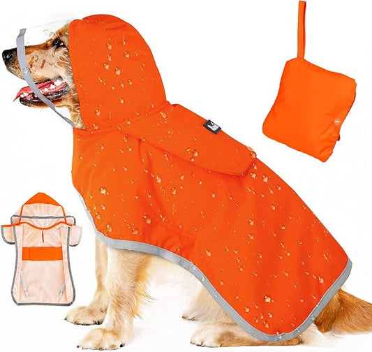 SlowTon Dog Raincoat, Adjustable Dog Rain Jacket Clear Hooded Double Layer, Waterproof Poncho with Reflective Strip Straps and Storage Pocket for Small Medium Large Dogs Puppies(OR XXL)