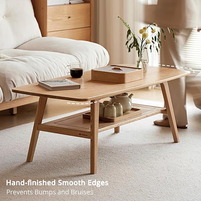 Wood Coffee Table - 100% Solid Oak Wood- 2-Tier Coffee Table with Storage for Living Room, Eco-Friendly Finish, Easy Assembly (Natural, 47.24" D x 22.04" W x 17.32" H)
