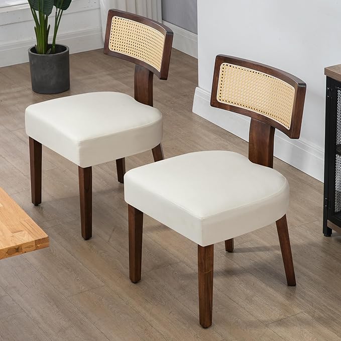 Rattan Dining Chairs Set of 6, Mid-Century Modern Fabric Dining Room Chairs with Brown Hardwood Frame, Upholstered Curved Backrest Kitchen Chair Armless Accent Chairs for Living Room (Cream)