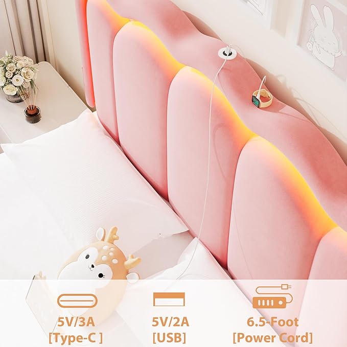 Queen Upholstered LED Bed Frame with 2 Storage Drawers and Adjustable Chic Double Wavy Headboard, Velvet Princess Platform Bed with Charing Station, Solid Wood Slats Support,No Box Spring Needed, Pink