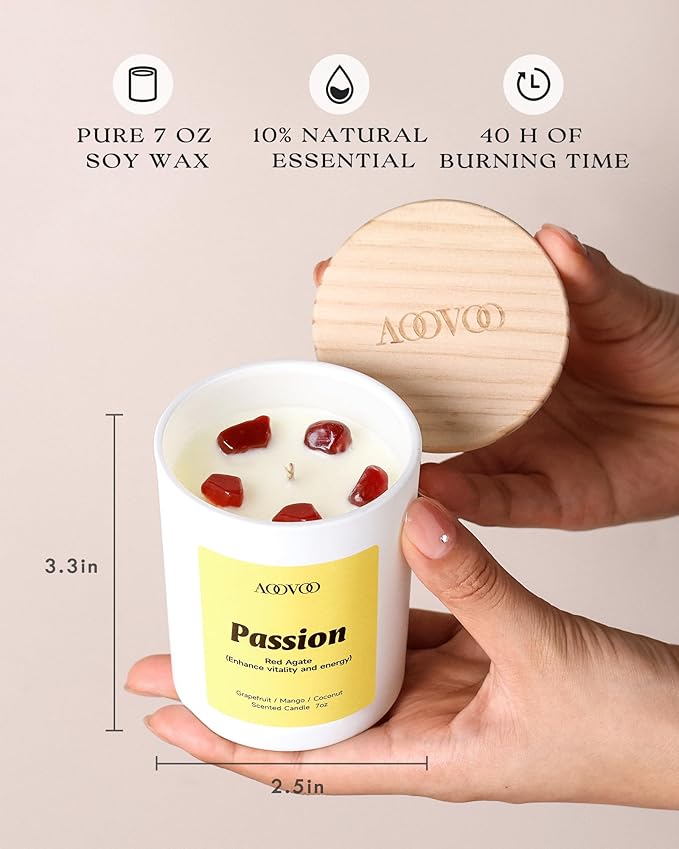 AOOVOO Energy Candles Set for Women - 4 Pack Candles for Home Scented, 28 oz 200 Hour Burn, Aromatherapy Candle with Crystals, Laughter Red Quartz/Love Rose Quartz/Joy Citrine/Passion Red Agate
