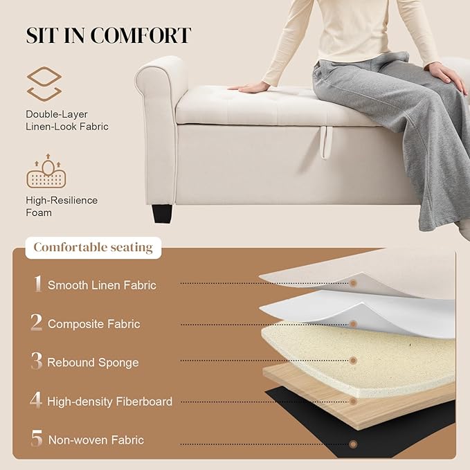 End of Bed Storage Bench for Bedroom, 49" Upholstered Storage Ottoman with Rolled Arms, Rivet Polyester Fabric Ottoman Bench for Bedroom, Living Room, Window, Entryway, Beige