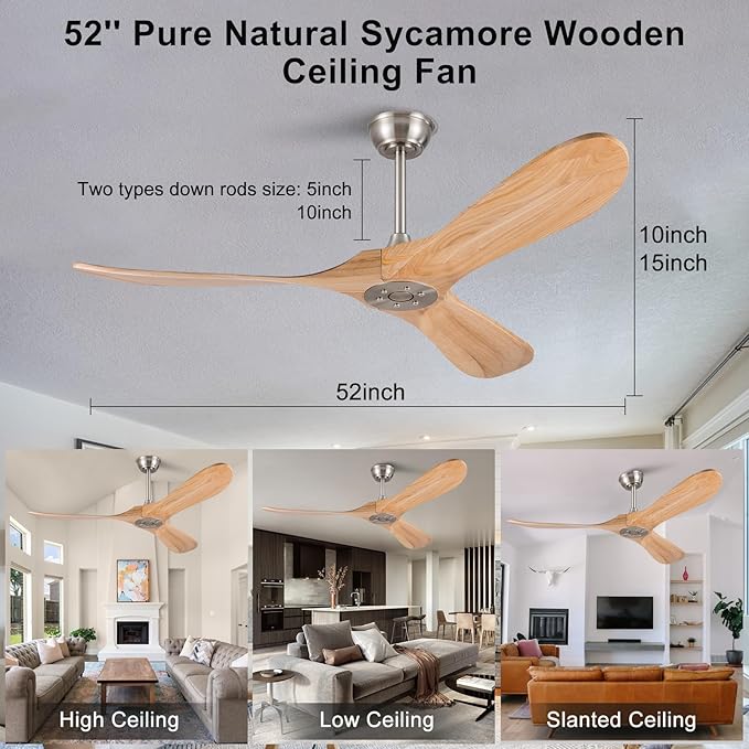 52 Inch Solid Wood Ceiling Fan with Remote,Outdoor Ceiling Fan no Light,6 Speeds,Noiseless,Reversible DC Motor,Modern Ceiling Fans without Lights for Bedroom Farmhouse Patios Study Brushed Nickel
