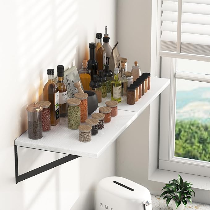 Heimlove White Deep Floating Shelves for Wall, 16W x 12D Wood Wall Shelves Set of 2, Wide Floating Bookshelf for Living Room, Kitchen, Office, Bedroom and Decor Storage, with Black Bracket - White