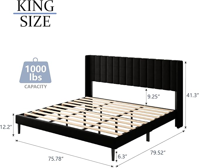 King Size Bed Frame with Wingback Headboard, Upholstered Platform Bed, No Box Spring Needed, Sturdy Wooden Slat Support, Easy Assembly, Black