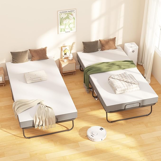 Folding Bed with Mattress, 75" x 38" Twin Size Rollaway Bed on Wheels, Foldable Metal Frame & Storage Pocket, Space-Saving Portable Cot for Adults, Home, Office, Apartment