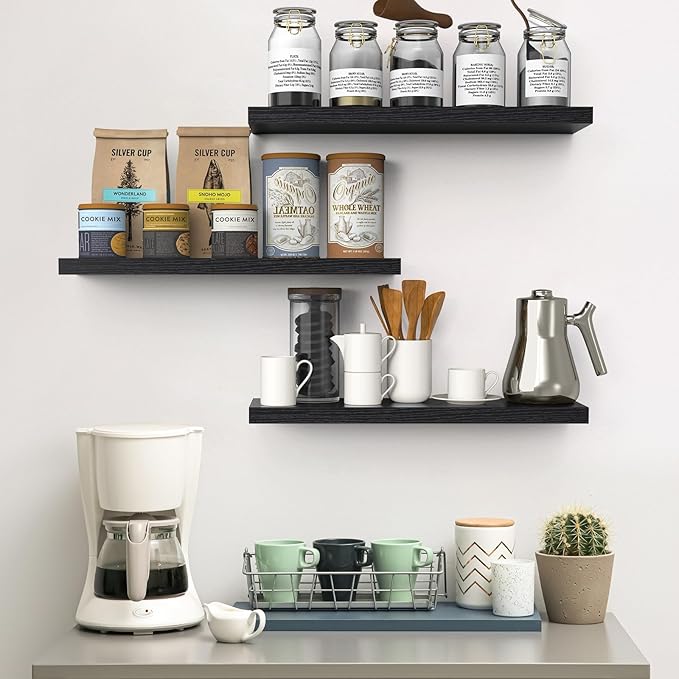 BAYKA Floating Shelves for Wall, 22.5 inches Wall Mounted Rustic Wood Shelves for Bathroom, Bedroom, Living Room, Floating Shelves for Books/Storage/Decor (Black,Set of 3)