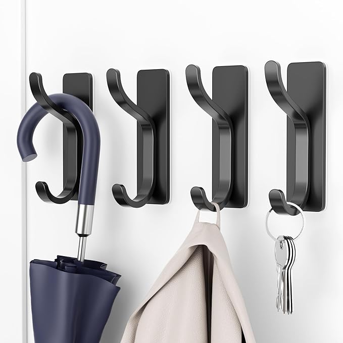 pickpiff Adhesive Wall Coat Hooks - Heavy Duty Stick-On Door Hanger, Metal Hook for Hanging Towel,Purse, Robe, Backpack, Jacket, Clothes - for Bathroom,Dorm, Closet, Kitchen - Black, 2 Pack