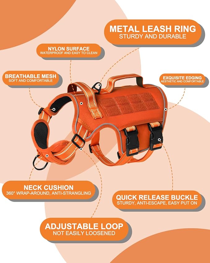 Tactical Dog Harness Medium Sized, Heavy Duty No Pull Dog Harness with Handle, Easy On and Off Service Dog Vest with Molle System, Reflective Pet Vest for Walking Hiking Training