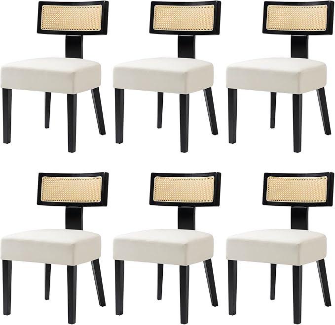 Upholstered Rattan Dining Chairs Set of 6, Mid-Century Modern Fabric Dining Room Chairs with Black Hardwood Frame, Curved Backrest Kitchen Armless Accent Chairs for Living Room (Cream)