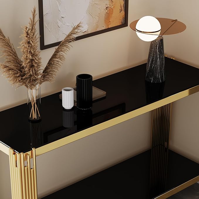 Goujxcy Modern Glass Console Table 55" Gold Entryway Table with Black Glass Top and Mirror Finish Stainless Steel Legs, Luxury Rectangular Sofa Tables for Living Room Hallway Corridor Table (Gold)