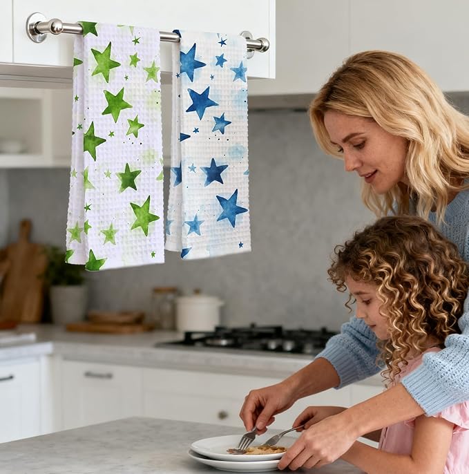 2-Pack Watercolor Star Towel, Star Waffle Towels, Nursery & Bathroom Hand Towel, 16x24 Inch Blue & Green Dish Tea Towel Decor for Kitchen & Nursery & Bathroom, Gift For Friends & Homeowners.