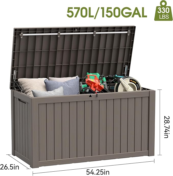 150 Gallon Outdoor Storage Box, Waterproof Resin Deck Box with Lockable Lid – Storage Cabinet for Patio Furniture, Pool Supplies, Garden Tools – Indoor & Outdoor Use
