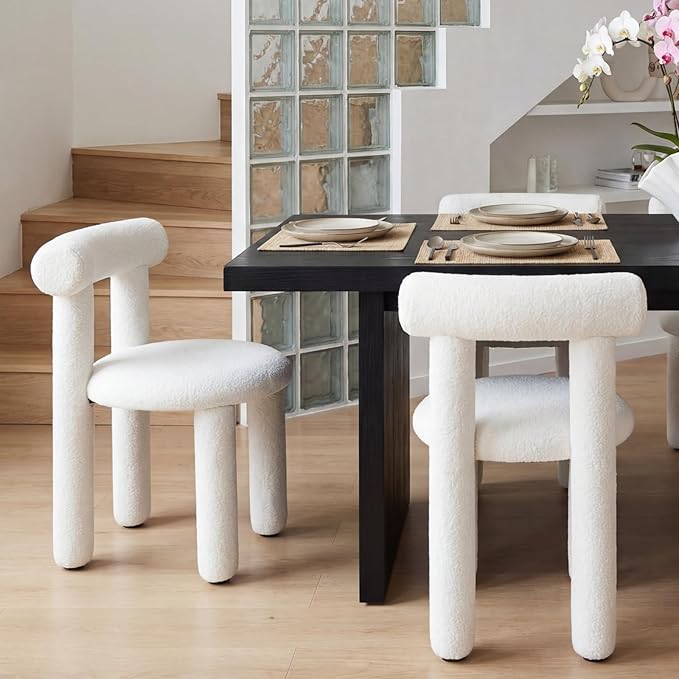 DUOMAY Modern White Boucle Dining Chairs Set of 2, Sherpa Upholstered Kitchen Chairs Armless Barrel Back Dining Chair, Living Dining Room Chairs, Reception, White