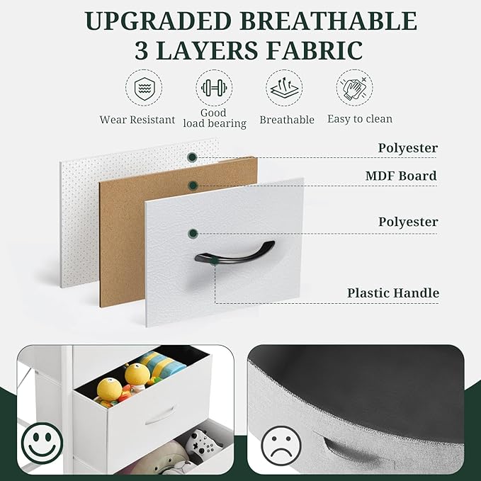 Nightstand, 4 Drawer Dresser End Table Bedside Furniture with Wooden Top Steel Frame Fabric Bins for Bedroom, Closet, Entryway, Dorm, Living Room, White